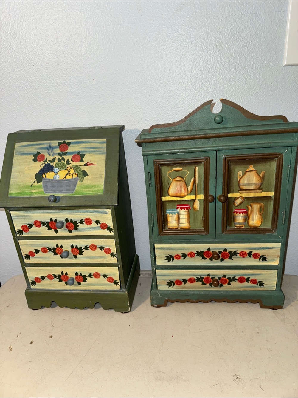 Wooden Hand-Painted Folk Art Jewelry Box Armoire Doll Cabinet Trinket Storage